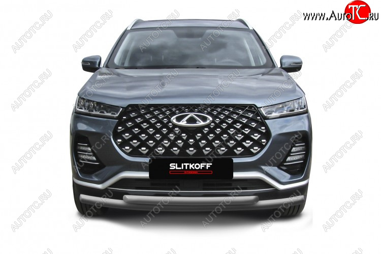 8 699 р. Защита переднего бампера Slitkoff (Ø 57+Ø 42 мм). Chery Tiggo 7 PRO (2019-2025) (Цвет: серебристый)  с доставкой в г. Тамбов