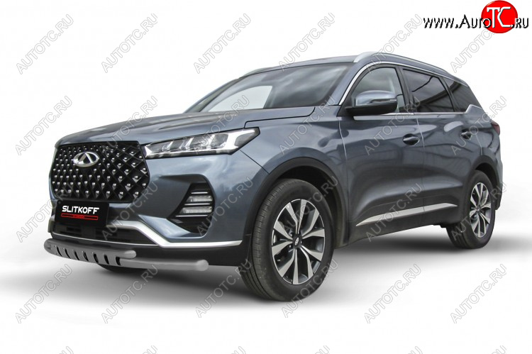 10 649 р. Защита переднего бампера Slitkoff (Ø 57+Ø 42 мм). Chery Tiggo 7 PRO (2019-2025) (Цвет: серебристый)  с доставкой в г. Тамбов