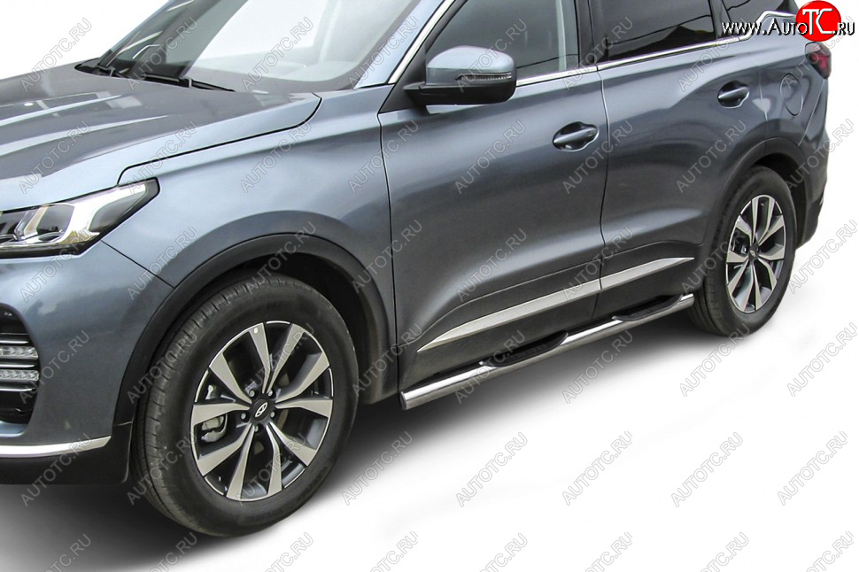 17 899 р. Защита порогов Slitkoff (Ø 76 мм, с проступями)  Chery Tiggo 7 PRO (2019-2025) (Нержавеющая сталь)  с доставкой в г. Тамбов