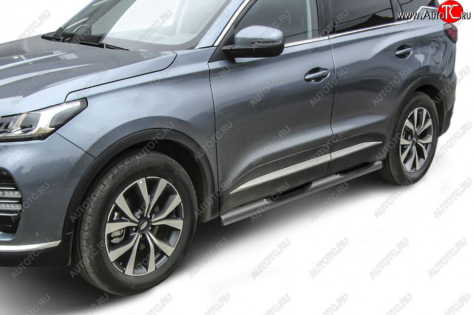 10 849 р. Защита порогов Slitkoff (Ø 76 мм, с проступями) Chery Tiggo 7 PRO (2019-2024) (Цвет: серебристый)  с доставкой в г. Тамбов