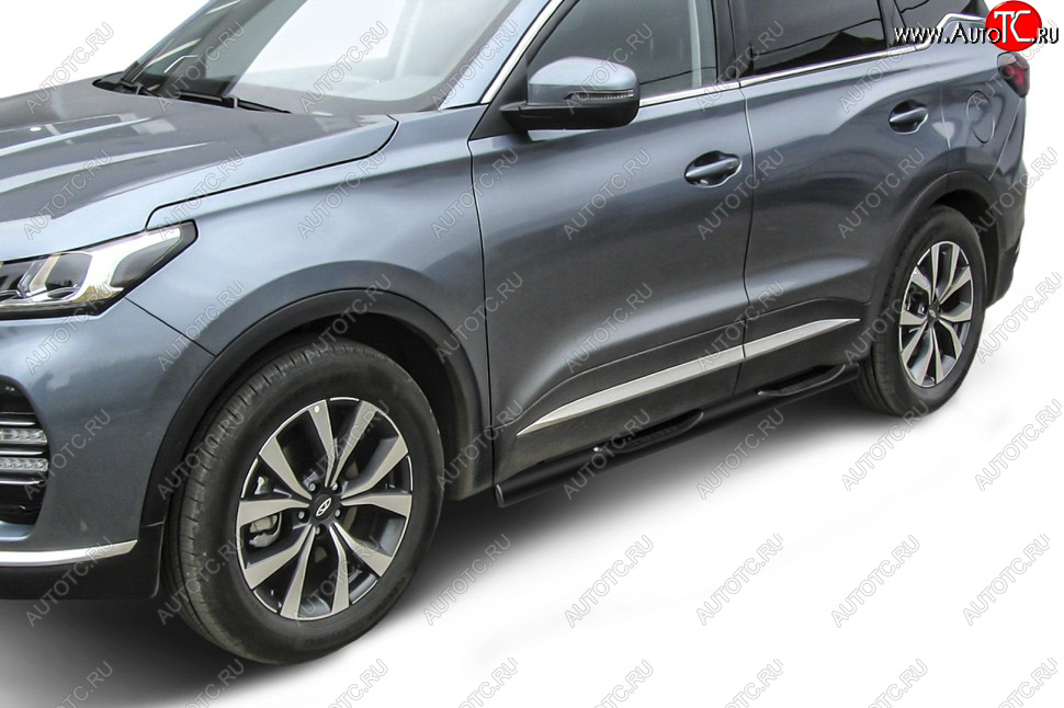 12 499 р. Защита порогов Slitkoff (Ø 76 мм, с проступями).  Chery Tiggo 7 PRO (2019-2025) (Цвет: черный)  с доставкой в г. Тамбов