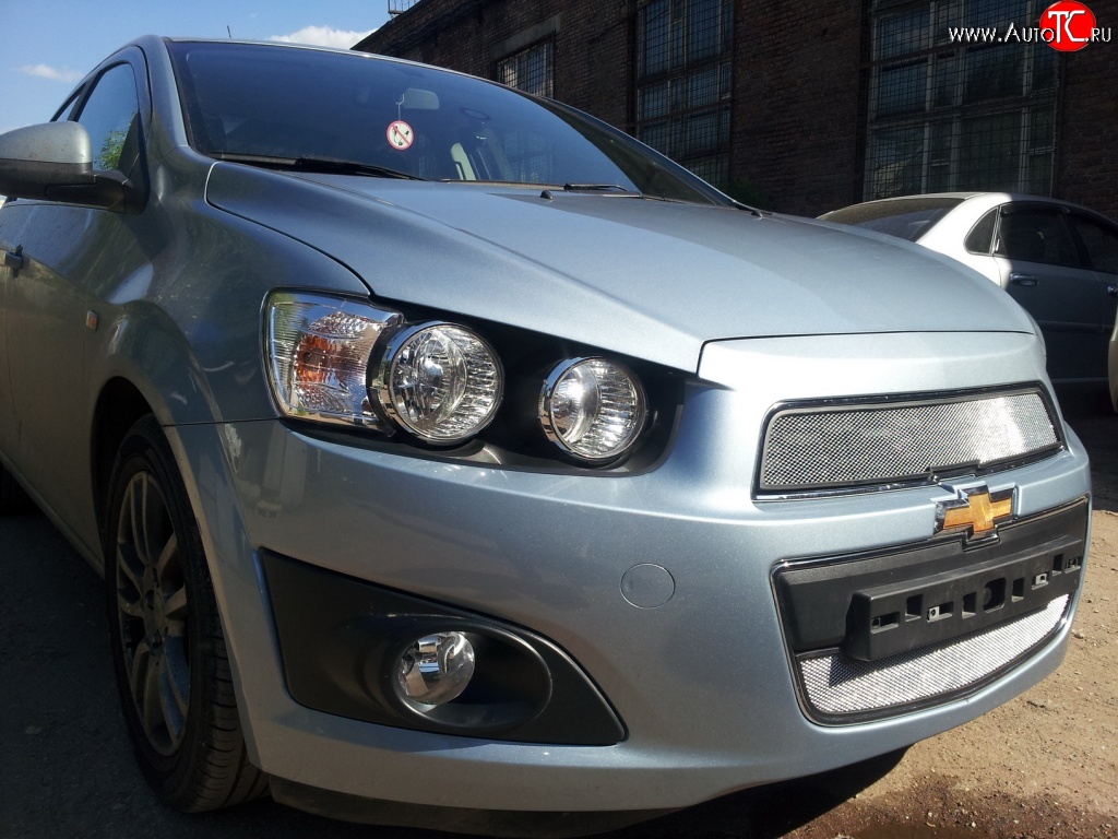 1 539 р. Нижняя сетка на бампер Russtal (хром) Chevrolet Aveo T300 хэтчбек (2011-2015)  с доставкой в г. Тамбов