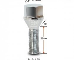 Колёсный болт длиной 28 мм Вектор M12 1.25 28 под гаечный ключ (пос.место: конус) Nissan Cube 3 (2008-2025) 