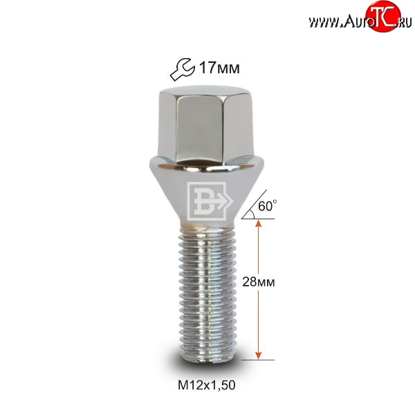 112 р. Колёсный болт длиной 28 мм Вектор M12 1.5 28 под гаечный ключ (пос.место: конус) Chrysler PT Cruiser  дорестайлинг (2000-2005)