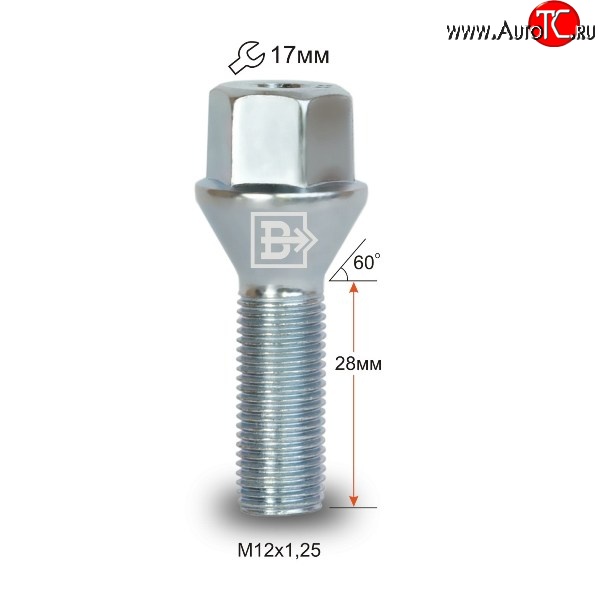 52 р. Колёсный болт длиной 28 мм Вектор M12 1.25 28 под гаечный ключ Great Wall Hover  дорестайлинг (2006-2010)