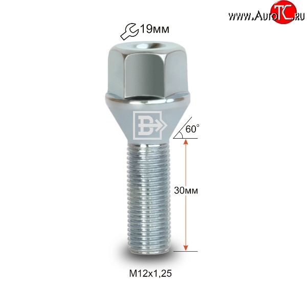 52 р. Колёсный болт длиной 30 мм Вектор M12 1.25 30 под гаечный ключ Chevrolet Cruze HR51S,HR81S хэтчбек (Япония) (2001-2008)