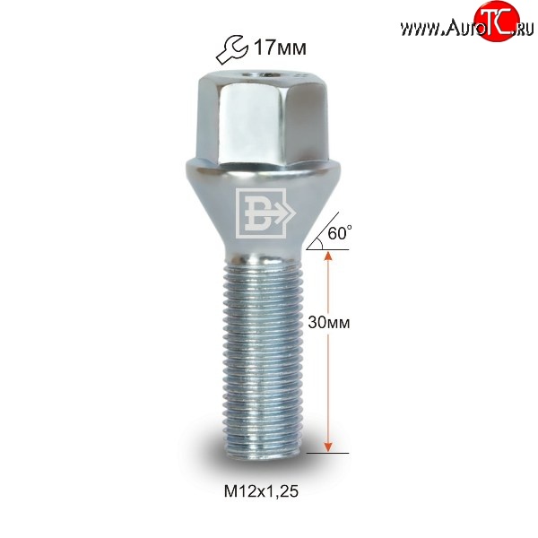 52 р. Колёсный болт длиной 30 мм Вектор M12 1.25 30 под гаечный ключ Toyota ProAce (2013-2016)