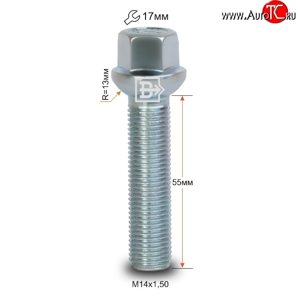 178 р. Колёсный болт длиной 55 мм Вектор M14 1.5 55 под гаечный ключ    с доставкой в г. Тамбов