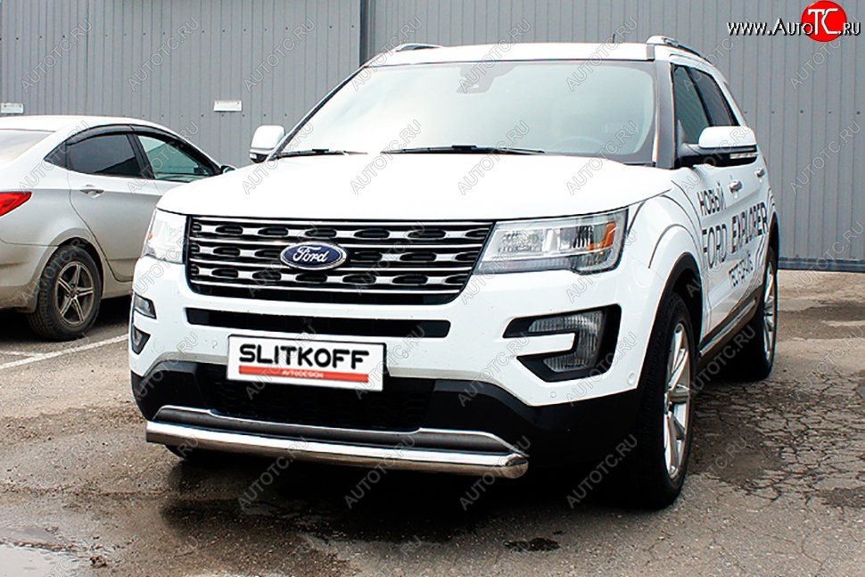 16 749 р. Защита переднего бампера Slitkoff (d76 мм)  Ford Explorer  U502 (2015-2018) 1-ый рестайлинг, 5 дв. (Нержавейка, Полированная)  с доставкой в г. Тамбов