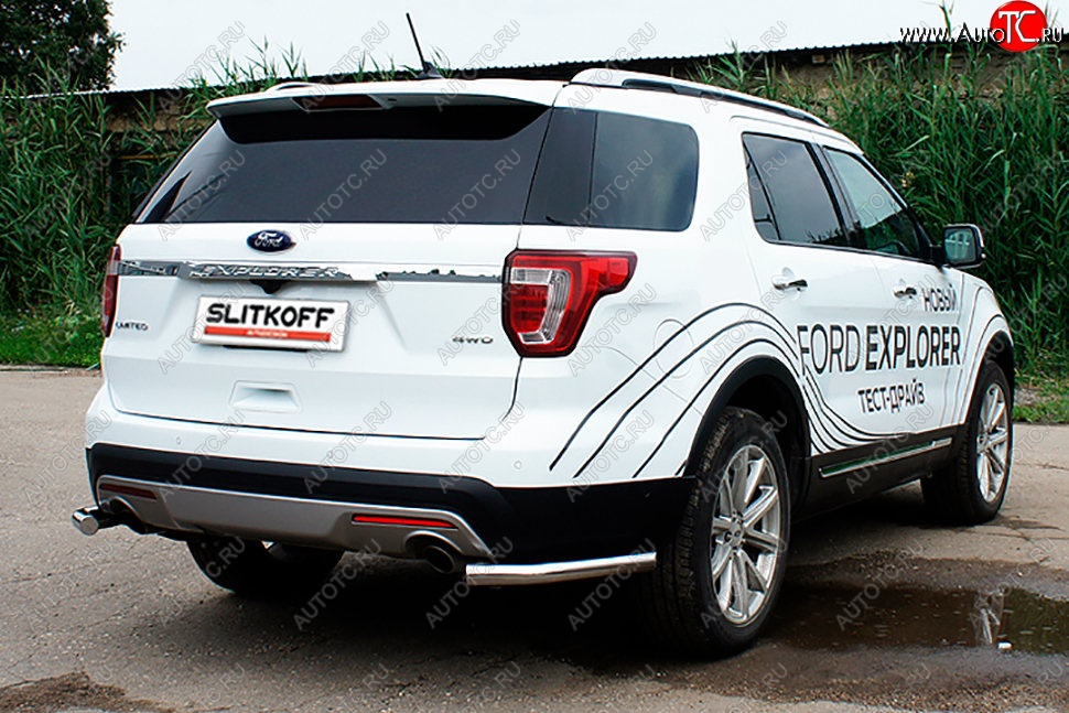 10 999 р. Защита заднего бампера Slitkoff (d57 мм, уголки)  Ford Explorer  U502 (2017-2019) 2-ой рестайлинг, 5 дв. (Нержавейка, Полированная)  с доставкой в г. Тамбов