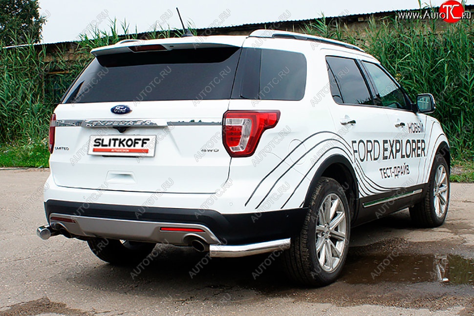 12 699 р. Защита заднего бампера Slitkoff (d76 мм, уголки)  Ford Explorer  U502 (2017-2019) 2-ой рестайлинг, 5 дв. (Нержавейка, Полированная)  с доставкой в г. Тамбов