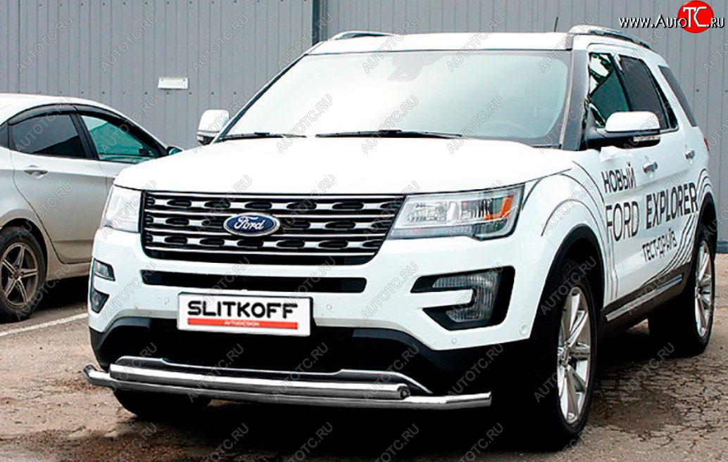 11 849 р. Защита переднего бампера Slitkoff (Ø 57+Ø 57, двойная).  Ford Explorer  U502 (2017-2019) 2-ой рестайлинг, 5 дв. (Сталь с полимерным покрытием. Цвет: серебристый)  с доставкой в г. Тамбов