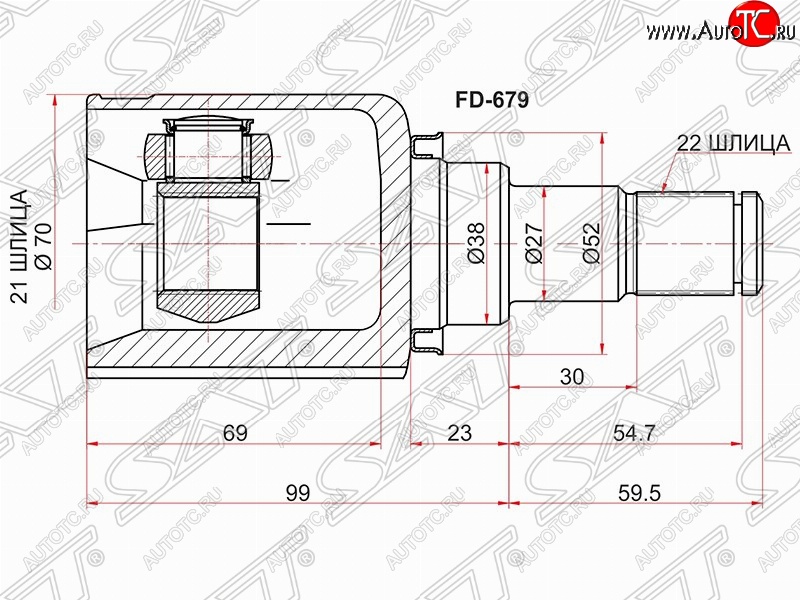 2 899 р. Шрус (внутренний/левый) SAT (шлицев 21*22, сальник 38 мм) Ford Fusion 1 хэтчбэк дорестайлинг (2002-2005)  с доставкой в г. Тамбов