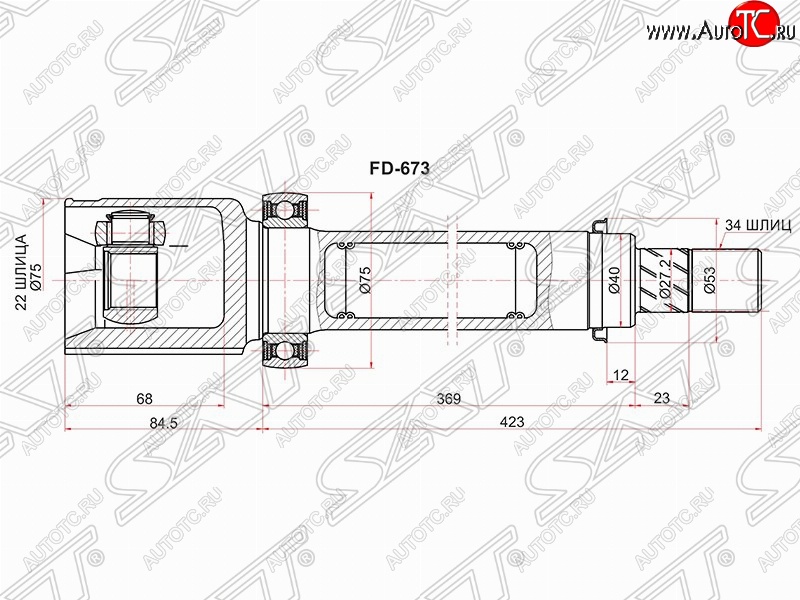 4 999 р. Шрус (внутренний/правый) SAT (шлицы 22/34, сальник 40 мм, 105 лс) Ford Focus 3 универсал дорестайлинг (2010-2015)  с доставкой в г. Тамбов