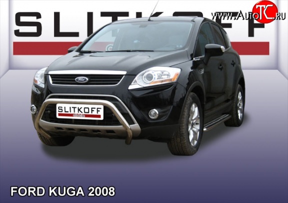 19 599 р. Усиленная низкая защита переднего бампера Slitkoff Ford Kuga 1 (2008-2013) (Нержавейка, Полированная)  с доставкой в г. Тамбов