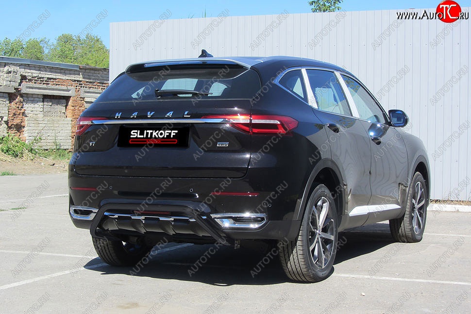 9 399 р. Защита заднего бампера (Ø42 мм скоба, окрашенная) Slitkoff Haval F7  дорестайлинг (2018-2022) (цвет: черный)  с доставкой в г. Тамбов