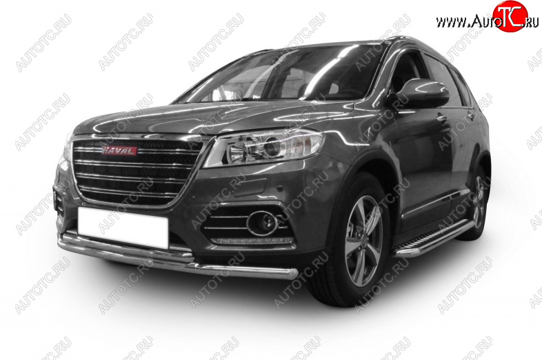 8 999 р. Защита переднего бампера Slitkoff (Ø 57+Ø 57).  Haval H2 ( 2) (2014-2025) (Цвет: серебристый)  с доставкой в г. Тамбов