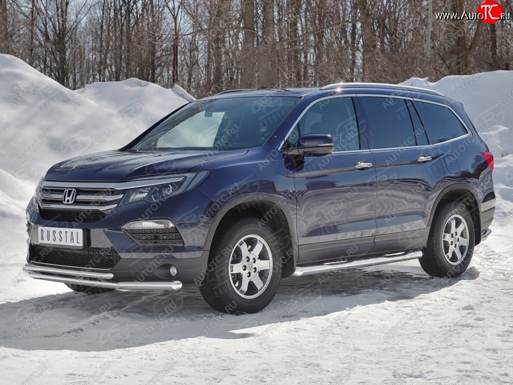 21 699 р. Защита переднего бампера (2 трубы Ø63 и 42 мм, нержавейка) SLITKOFF Honda Pilot YF6 дорестайлинг (2016-2019)  с доставкой в г. Тамбов