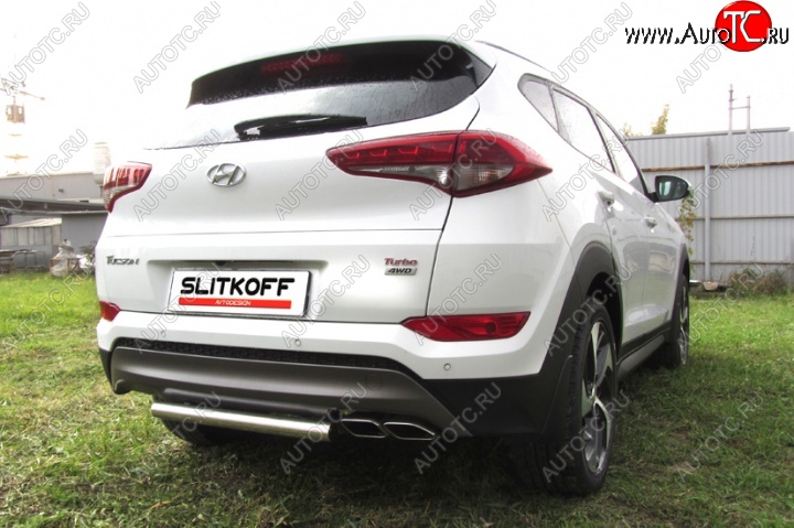 7 999 р. Защита заднего бампера из короткой трубы диаметром 57 мм Slitkoff Hyundai Tucson TL дорестайлинг (2015-2018) (Нержавейка, Полированная)  с доставкой в г. Тамбов