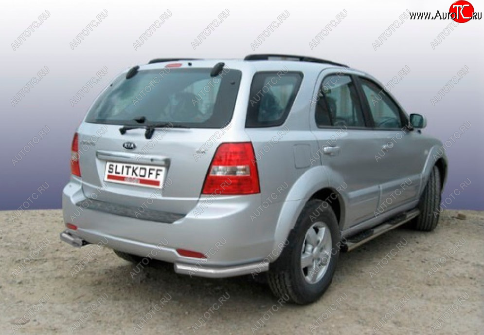 4 549 р. Защита заднего бампера Slitkoff (Ø 57 мм, уголки)  KIA Sorento  BL (2002-2006) дорестайлинг (Сталь с полимерным покрытием. Цвет: серебристый)  с доставкой в г. Тамбов