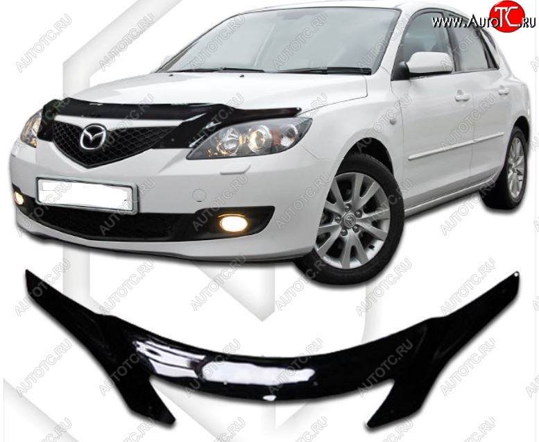 2 569 р. Дефлектор капота CA-Plastiс  Mazda 3/Axela  BK (2003-2009) дорестайлинг, хэтчбэк, рестайлинг, хэтчбэк (Classic черный, Без надписи)  с доставкой в г. Тамбов