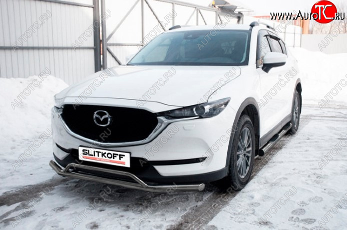 9 199 р. Защита переднего бампера Slitkoff (Ø 57+Ø 32, двойная). Mazda CX-5 KF (2016-2024) (Сталь с полимерным покрытием. Цвет: серебристый)  с доставкой в г. Тамбов