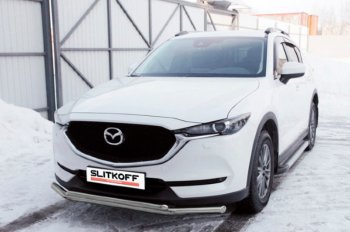 9 199 р. Защита переднего бампера Slitkoff (Ø 57+Ø 42, двойная). Mazda CX-5 KF (2016-2024) (Сталь с полимерным покрытием. Цвет: серебристый)  с доставкой в г. Тамбов. Увеличить фотографию 1