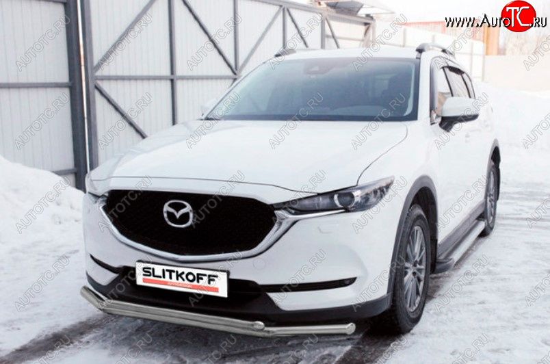 9 199 р. Защита переднего бампера Slitkoff (Ø 57+Ø 42, двойная). Mazda CX-5 KF (2016-2024) (Сталь с полимерным покрытием. Цвет: серебристый)  с доставкой в г. Тамбов