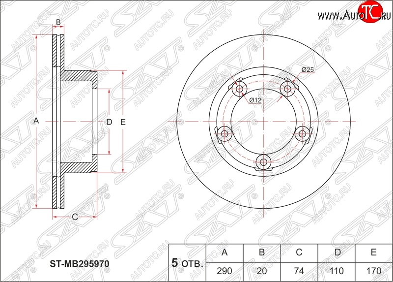 2 699 р. Диск тормозной SAT (передний, d 290)  Mitsubishi Fuso Canter (2000-2007)  с доставкой в г. Тамбов