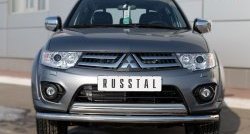 22 949 р. Защита переднего бампера (2 трубы Ø63 и 75х42 мм, нержавейка) Russtal Mitsubishi L200 5 KK,KL дорестайлинг (2015-2019)  с доставкой в г. Тамбов. Увеличить фотографию 1