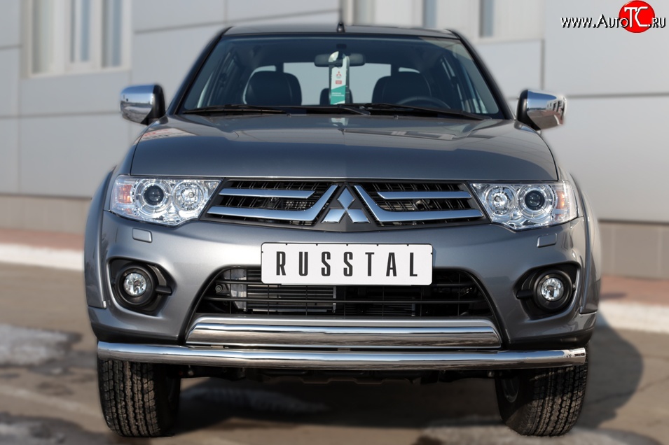 22 949 р. Защита переднего бампера (2 трубы Ø63 и 75х42 мм, нержавейка) Russtal Mitsubishi L200 5 KK,KL дорестайлинг (2015-2019)  с доставкой в г. Тамбов