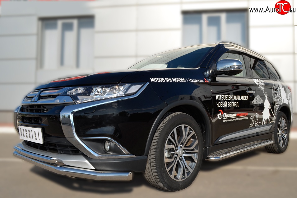 13 449 р. Защита переднего бампера (2 трубыØ63 и 42 мм, нержавейка) Russtal Mitsubishi Outlander GF 2-ой рестайлинг (2015-2018)  с доставкой в г. Тамбов