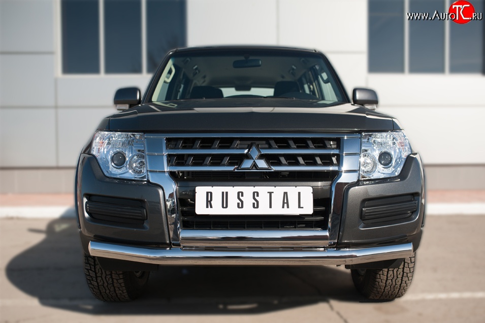 22 949 р. Защита переднего бампера (2 трубы Ø76 и 75х42 мм, нержавейка) Russtal Mitsubishi Pajero 4 V90 2-ой рестайлинг (2014-2020)  с доставкой в г. Тамбов