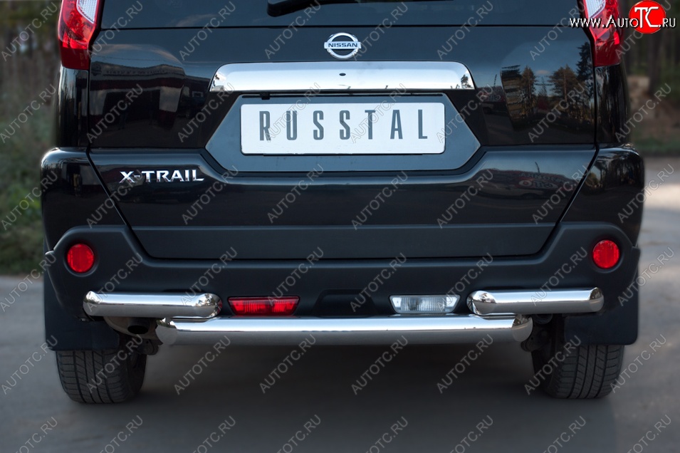 21 899 р. Защита заднего бампера (2 трубы Ø76, нержавейка) Russtal Nissan X-trail 2 T31 рестайлинг (2010-2015)  с доставкой в г. Тамбов