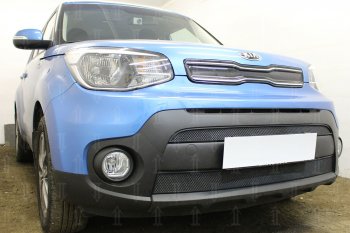 4 649 р. Защитная сетка в бампер (2 части, ячейка 3х7 мм) Alfeco Стандарт KIA Soul PS рестайлинг (2017-2019) (Чёрная)  с доставкой в г. Тамбов. Увеличить фотографию 2