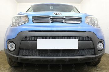 4 649 р. Защитная сетка в бампер (2 части, ячейка 3х7 мм) Alfeco Стандарт KIA Soul PS рестайлинг (2017-2019) (Чёрная)  с доставкой в г. Тамбов. Увеличить фотографию 1