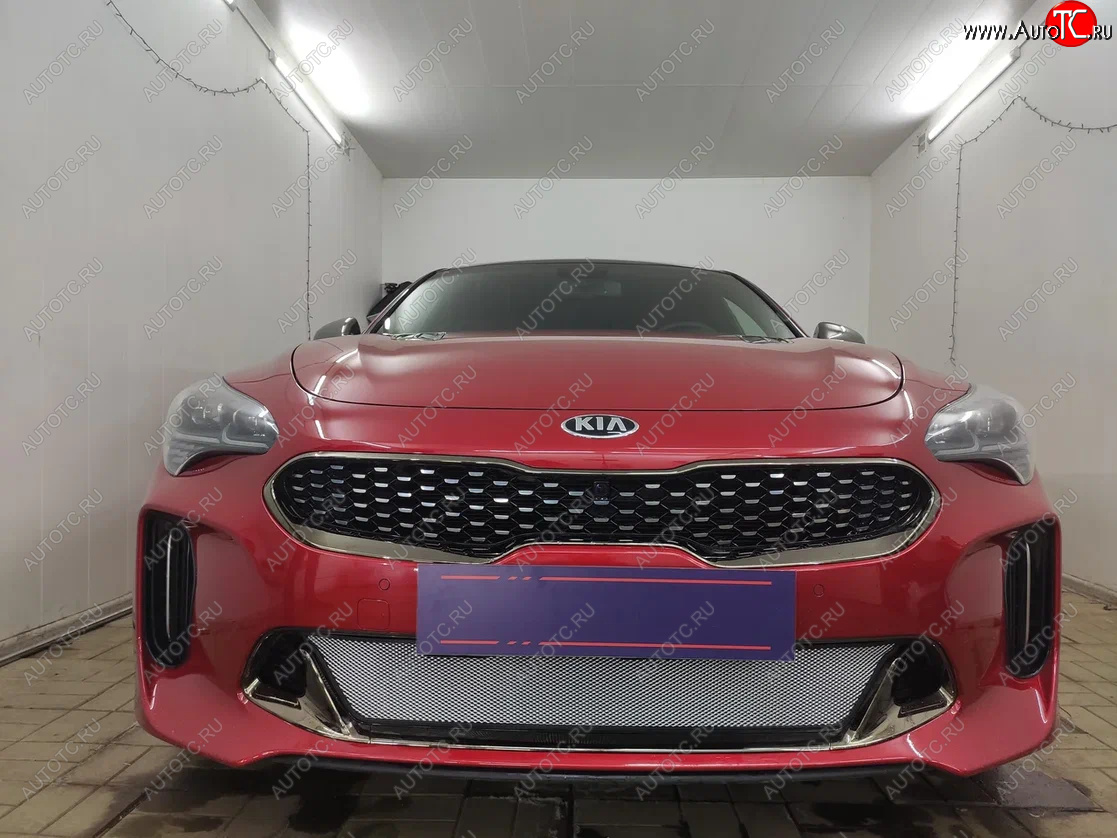 3 999 р. Защитная сетка в бампер (низ, ячейка 3х7 мм) Alfeco Стандарт KIA Stinger (2017-2025) (Хром)  с доставкой в г. Тамбов