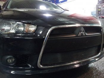 6 999 р. Защитная сетка в бампер (3 части, ячейка 3х7 мм) Alfeco Стандарт Mitsubishi Lancer CY седан рестайлинг (2011-2017) (Чёрная)  с доставкой в г. Тамбов. Увеличить фотографию 3