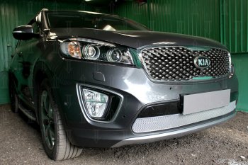 4 499 р. Защитная сетка в бампер (низ, ячейка 4х10 мм) Alfeco Премиум KIA Sorento UM/Prime дорестайлинг (2014-2018) (Хром)  с доставкой в г. Тамбов. Увеличить фотографию 2