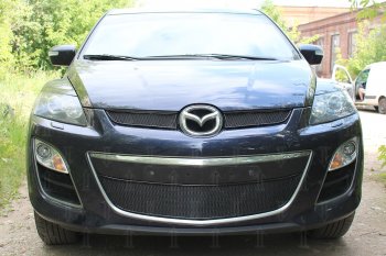 Защитная сетка в бампер (верх, 2 части, ячейка 4х10 мм) Alfeco Премиум Mazda CX-7 ER рестайлинг (2010-2012) ()