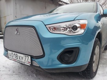 5 999 р. Защитная сетка в бампер (верх, ячейка 4х10 мм) Alfeco Премиум Mitsubishi ASX 1-ый рестайлинг (2013-2016) (Хром)  с доставкой в г. Тамбов. Увеличить фотографию 3