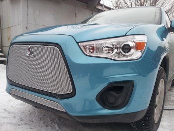 4 299 р. Защитная сетка в бампер (низ, ячейка 4х10 мм) Alfeco Премиум Mitsubishi ASX 1-ый рестайлинг (2013-2016) (Хром)  с доставкой в г. Тамбов. Увеличить фотографию 2