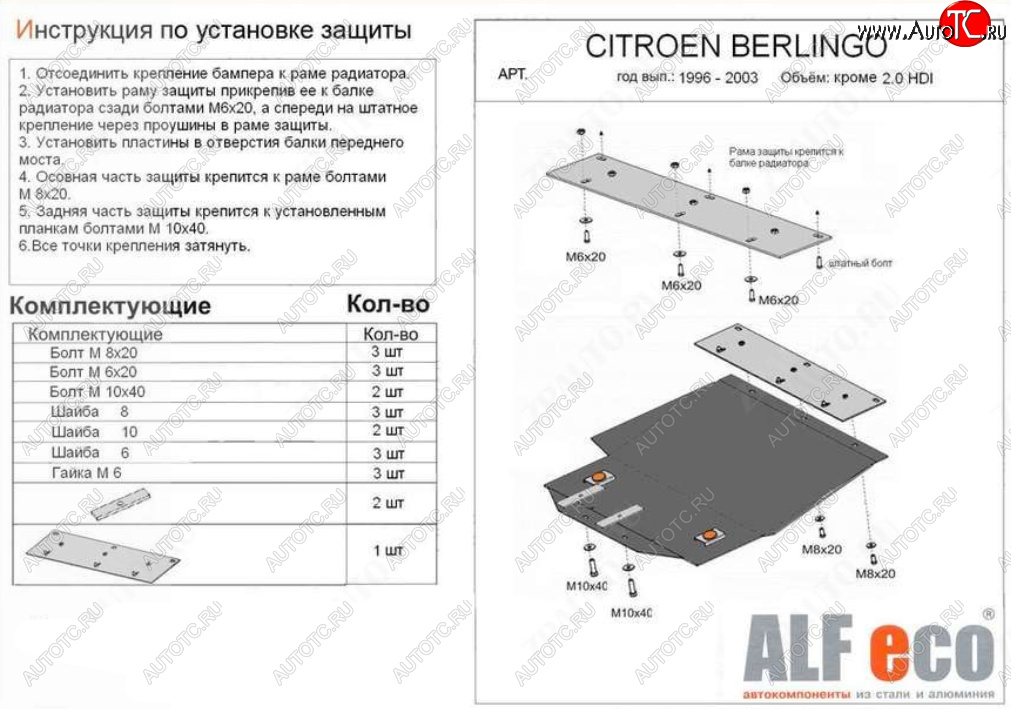 13 199 р. Защита картера двигателя и КПП (кроме 2,0 HDI) ALFECO  CITROEN Berlingo  M49 (1996-2003) дорестайлинг (Алюминий 4 мм)  с доставкой в г. Тамбов