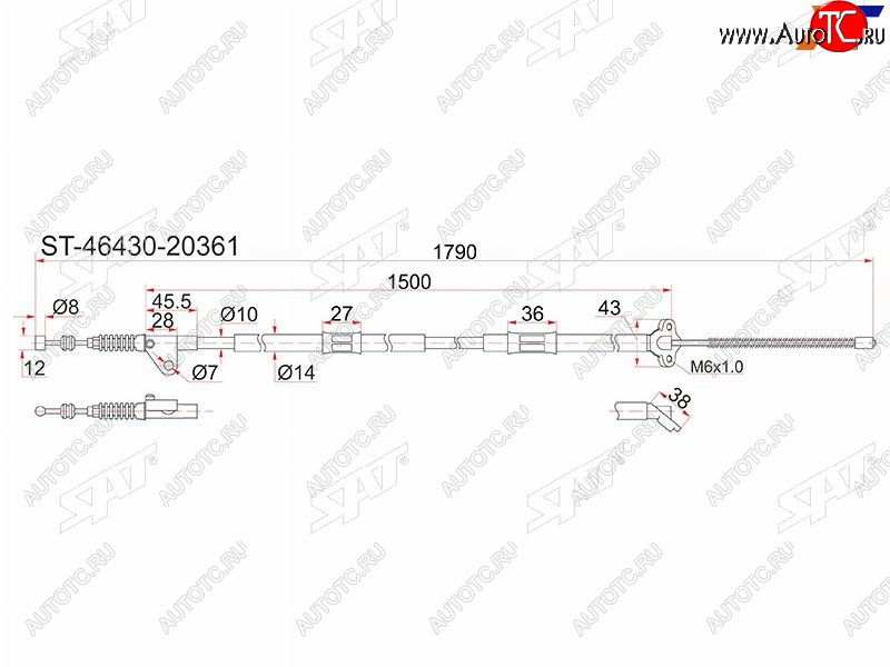 1 269 р. Трос ручника RH SAT  Toyota Caldina ( T190,  T210) - Corona SF  T190 (барабанные тормоза)  с доставкой в г. Тамбов