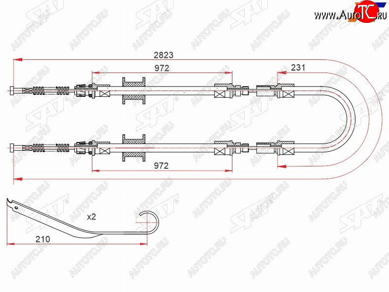 1 839 р. Трос ручного тормоза RH-LH V2.0-2.5 SAT Ford Transit цельнометаллический фургон 2-ой рестайлинг (1994-2000) (одинарные колеса)  с доставкой в г. Тамбов