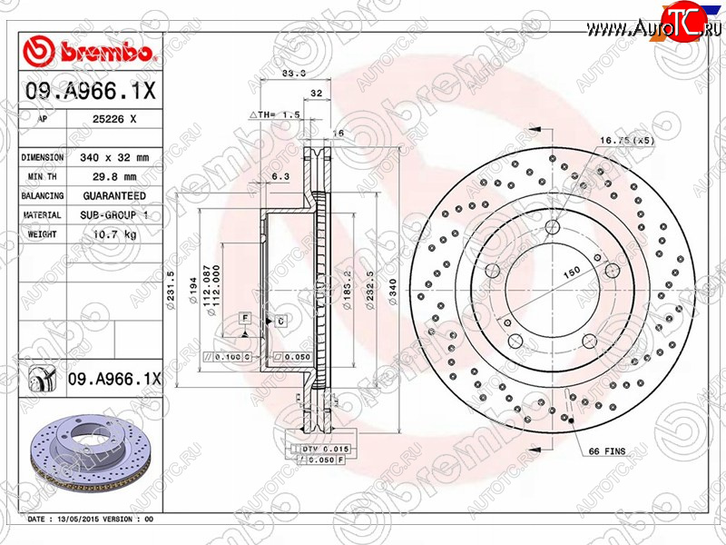 15 999 р. Тормозной передний диск (Ø340) BREMBO  Toyota Land Cruiser 200 дорестайлинг (2007-2012)  с доставкой в г. Тамбов