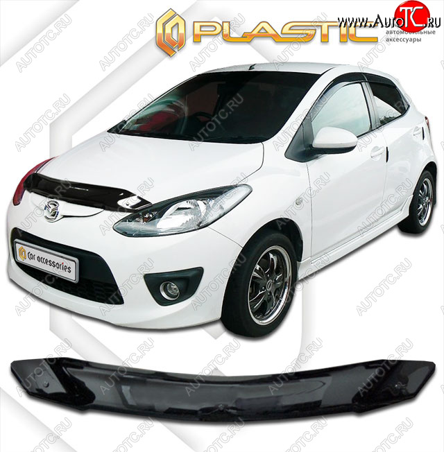 1 749 р. Дефлектор капота CA-Plastic  Mazda 2/Demio  DE (2007-2014) дорестайлинг, рестайлинг (Classic черный, с надписью)  с доставкой в г. Тамбов