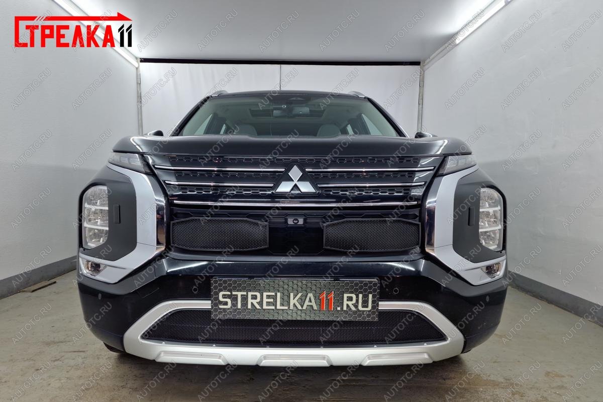 7 249 р. Защита радиатора (3 части) Стрелка11 Стандарт  Mitsubishi Outlander  GF (2018-2022) 3-ий рестайлинг (хром)  с доставкой в г. Тамбов