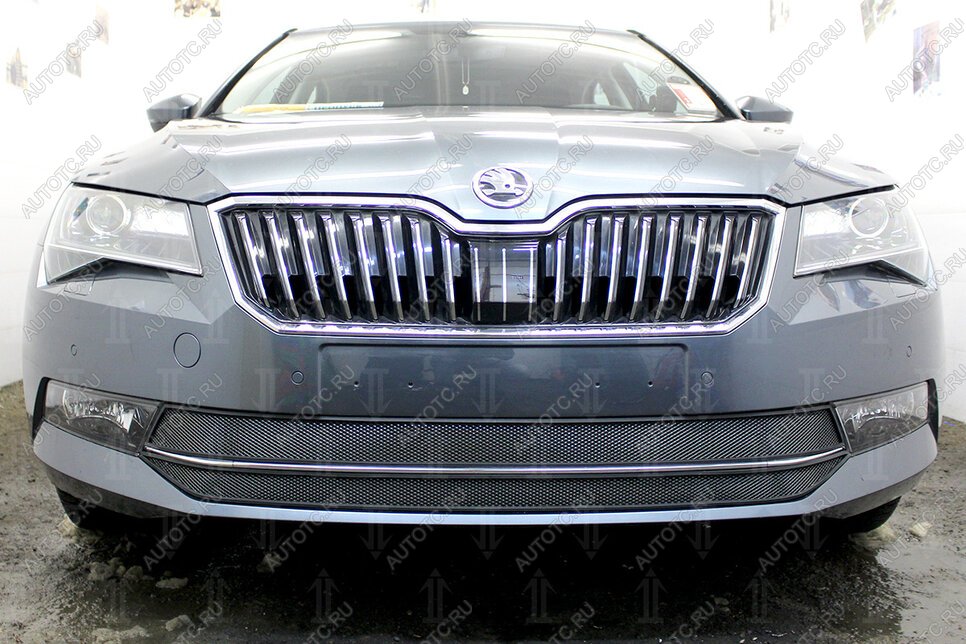 4 649 р. Защита радиатора (2 части) Стрелка11 Стандарт  Skoda Superb ( B8 (3V),  B8 (3V5)) (2015-2019) лифтбэк дорестайлинг, универсал дорестайлинг (черная)  с доставкой в г. Тамбов