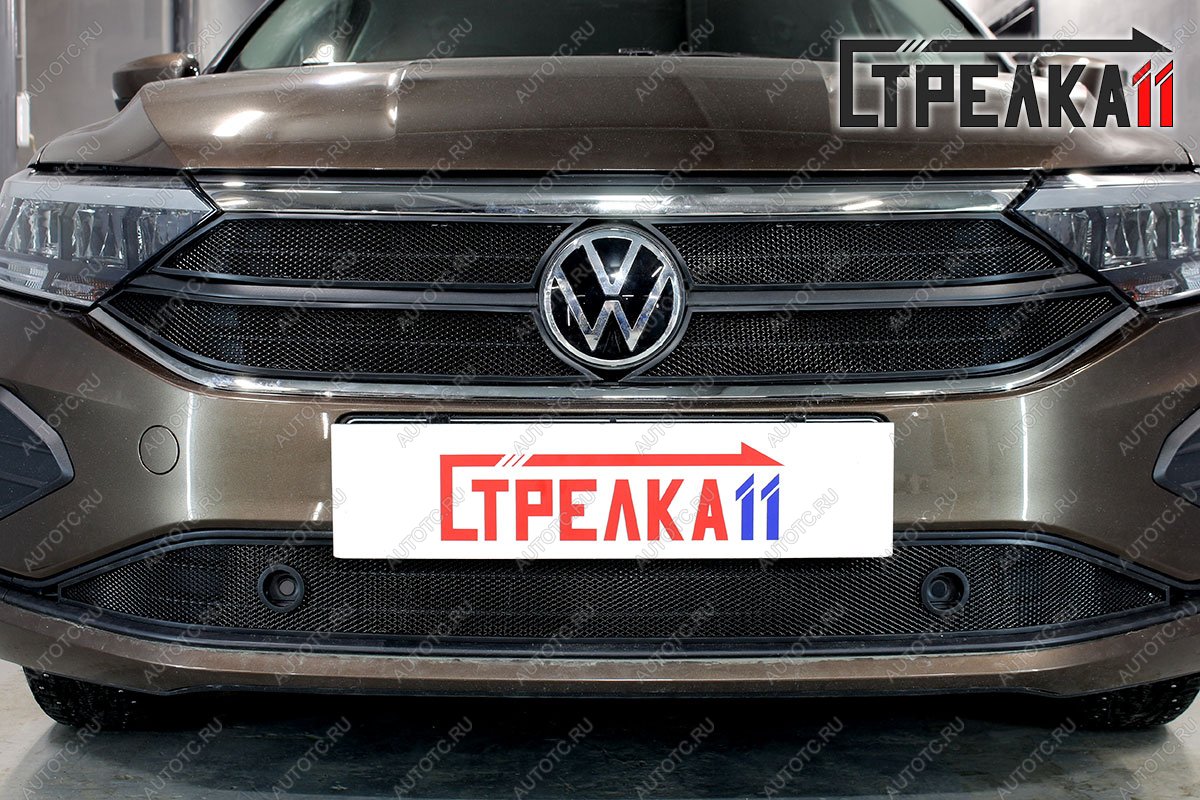 6 999 р. Защита радиатора (верх 4 части) (Origin, Respect, Status) Стрелка11 Стандарт Volkswagen Polo Mk6 лифтбек (2020-2022) (черная)  с доставкой в г. Тамбов